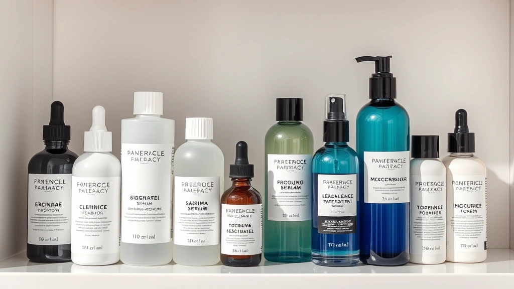 French pharmacy beauty products displayed together including serums, toners and moisturizers on elegant shelf with neutral background, professional beauty retail styling, natural daylight