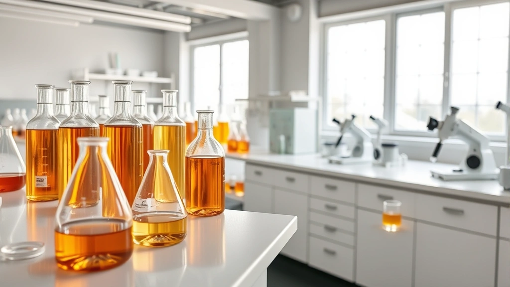 Elegant French laboratory with rows of glass beakers containing clear and amber-colored cosmetic formulations, soft natural lighting through large windows, minimalist white countertops with precision measurement equipment, no text visible
