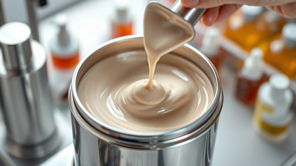 Luxurious skincare cream being blended in a professional cosmetic facility, showing smooth texture and rich color, stainless steel mixing equipment, soft-focus background with ingredient bottles, photorealistic professional setting