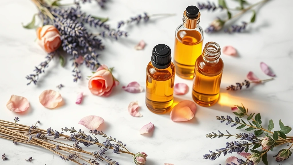 Serene botanical ingredients display including lavender sprigs, rose petals, and glass bottles of golden botanical extracts on white marble surface, natural diffused lighting, no labels or text, luxury aesthetic