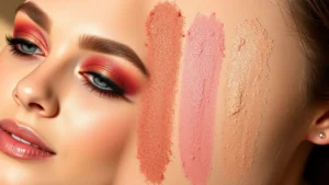 Close-up of vibrant eyeshadow palette swatches on diverse skin tones, showing rich pigmentation and blendability without fallout, natural lighting