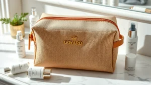 Luxury Goyard cosmetic bag in classic tan canvas with monogram, displayed on white marble vanity with scattered luxury skincare serums and moisturizers, natural studio lighting, professional product photography style