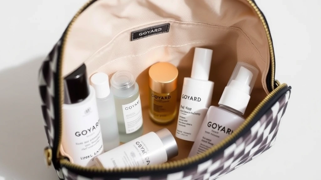Open Goyard cosmetic bag interior revealing organized beauty products including skincare bottles, serums, and treatments, minimalist aesthetic with clean background, showing practical storage capacity and interior lining detail