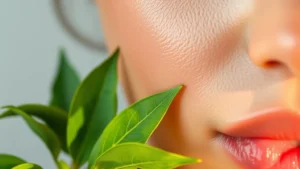 Close-up of dewy, glowing skin with visible radiance, fresh green tea leaves artfully placed nearby, soft natural lighting highlighting skin texture, no product packaging visible, beauty and wellness aesthetic