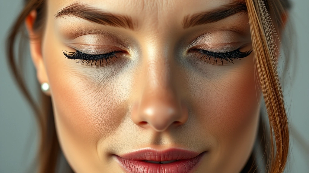 Close-up of a woman's face showing natural skin texture and radiance, minimal makeup, professional lighting, serene expression, no surgical marks or artificial elements visible, professional beauty photography
