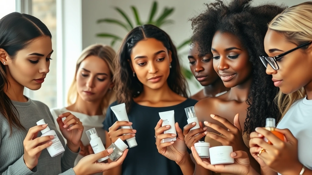 Diverse group of people with different skin tones examining skincare products and cosmetics in natural daylight, holding bottles and jars, focused expressions, no text on packaging visible, natural indoor setting