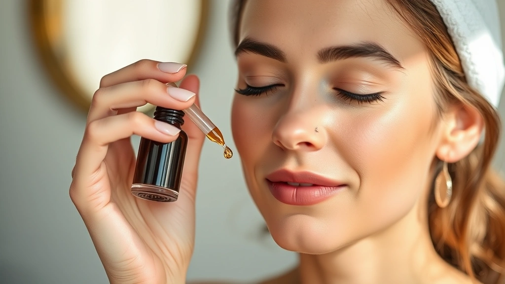 Woman applying serum or skincare treatment to face with fingertips, clear glowing skin, morning skincare routine, soft natural lighting, peaceful expression, professional beauty photography style