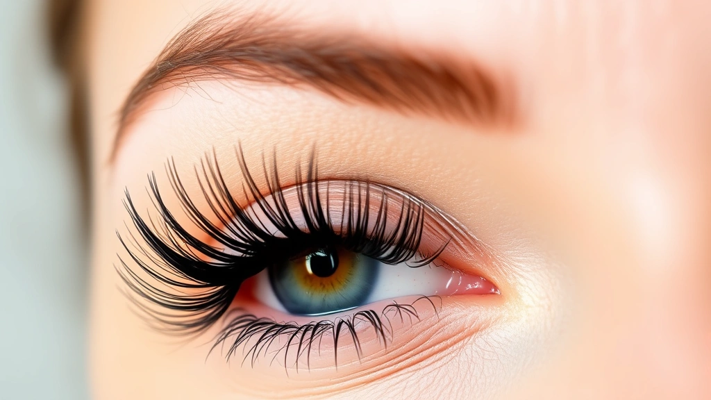 Close-up of a woman's eye with dramatically volumized mascara-enhanced lashes, showing individual lash separation and thick, dark coating, natural lighting against a soft neutral background