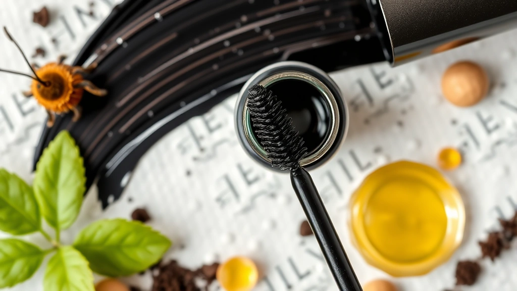 Overhead flat lay of an open mascara tube with wand displaying thick, dark formula, surrounded by natural ingredients like beeswax and vitamin E, professional product photography style