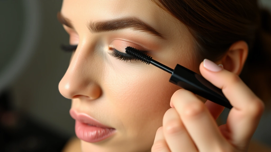 Woman applying volumizing mascara with precision brush to upper lash line, showing proper application technique with steady hand positioning and professional makeup application environment