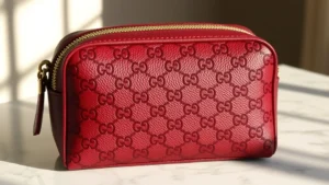 Luxurious Gucci GG monogram cosmetic pouch in rich burgundy leather with gold-tone hardware, displayed on marble surface with soft natural lighting, showing fine stitching details and craftsmanship