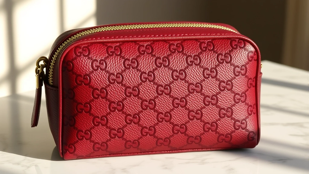 Luxurious Gucci GG monogram cosmetic pouch in rich burgundy leather with gold-tone hardware, displayed on marble surface with soft natural lighting, showing fine stitching details and craftsmanship
