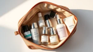 Flat lay of luxury cosmetic pouch interior showing organized skincare bottles, serums, and products neatly arranged, professional lighting highlighting quality materials and craftsmanship