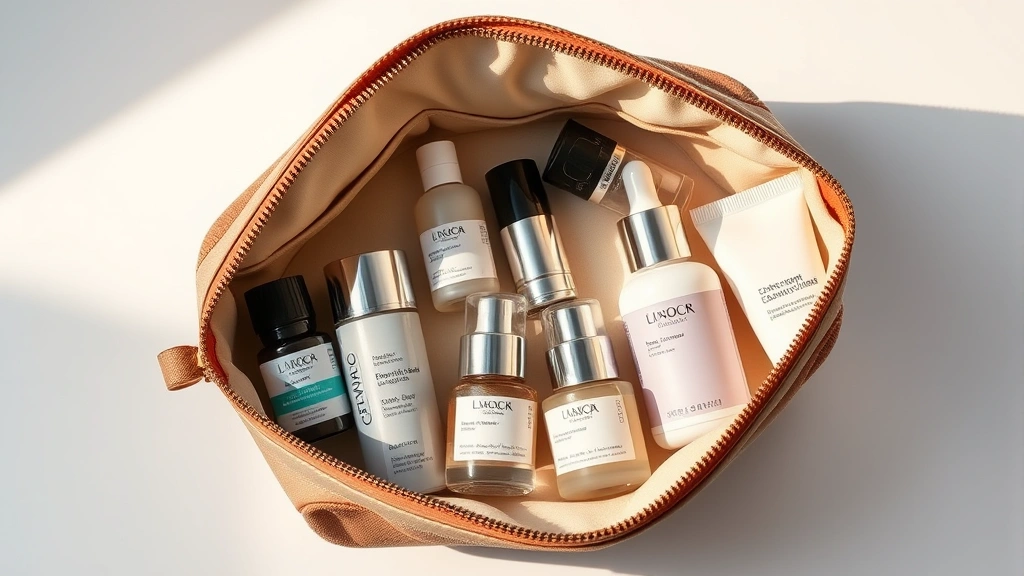 Flat lay of luxury cosmetic pouch interior showing organized skincare bottles, serums, and products neatly arranged, professional lighting highlighting quality materials and craftsmanship
