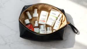 Flat lay of luxury cosmetic pouch open displaying organized skincare bottles, serums, and beauty products neatly arranged inside, soft natural lighting on marble surface