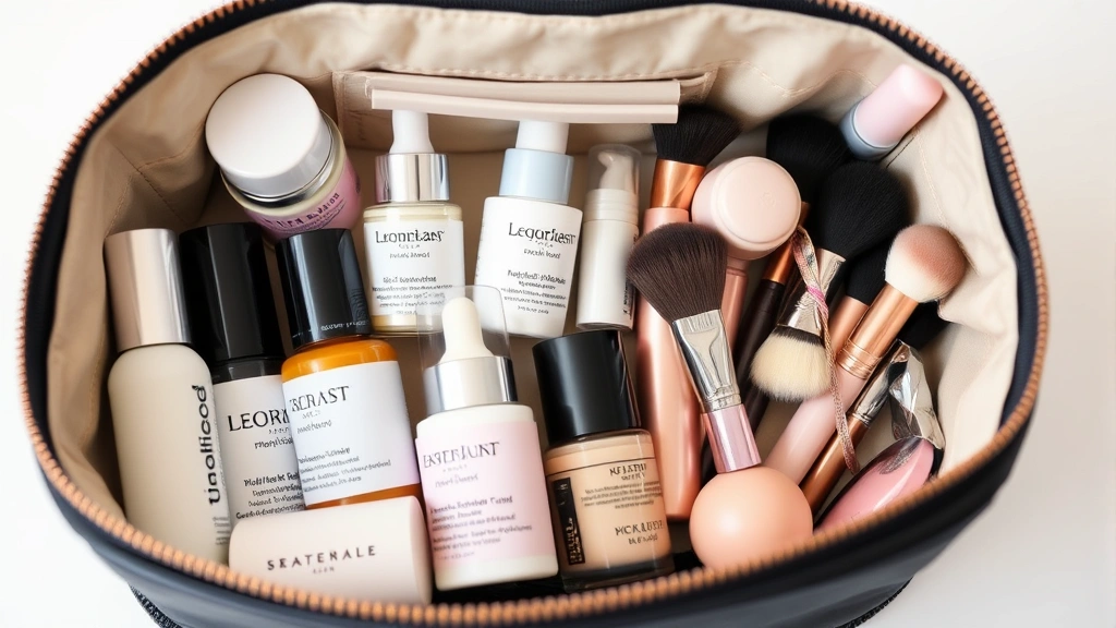 Organized beauty collection inside an open cosmetic pouch: skincare serums, foundations, brushes neatly arranged in compartments, showcasing product protection and storage functionality