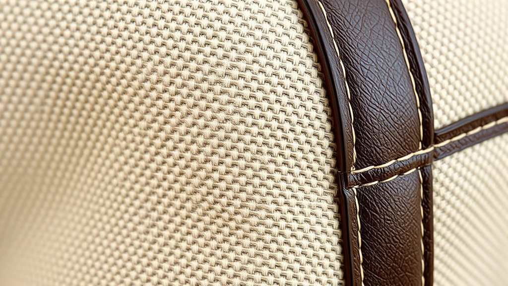 Close-up detail shot of premium canvas texture with visible weave pattern and leather trim corner, showing material quality and stitching precision, natural lighting