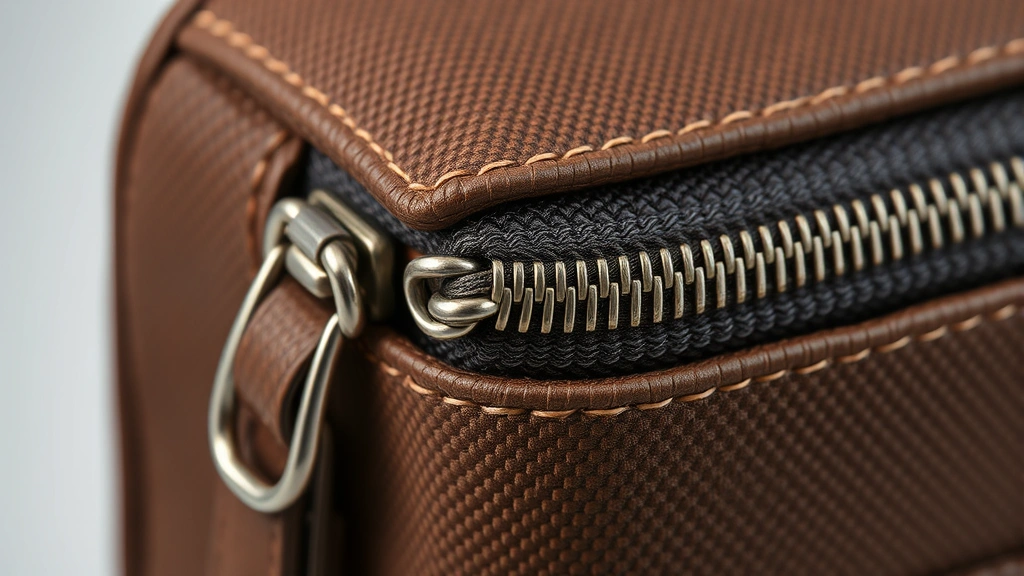 Close-up detail shot of premium pouch zipper and stitching craftsmanship, showing metal hardware and precisely sewn seams, professional product photography style