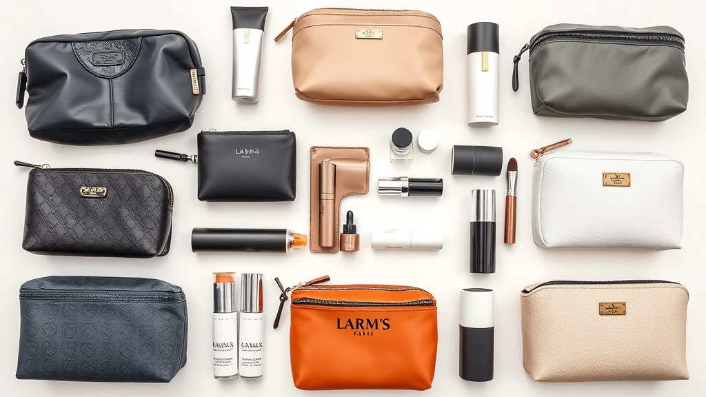 Flat lay of multiple cosmetic pouches in different luxury brands and price points arranged for comparison, showing various materials and organizational features, professional product photography style