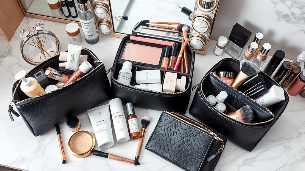 Beauty professional's vanity setup featuring organized cosmetic pouches with skincare products, makeup brushes, and luxury accessories arranged aesthetically on marble surface