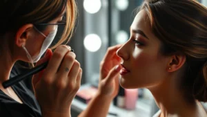 Professional makeup artist applying full-coverage foundation with synthetic brush to model's face, dramatic lighting, close-up of blending technique, products visible on vanity