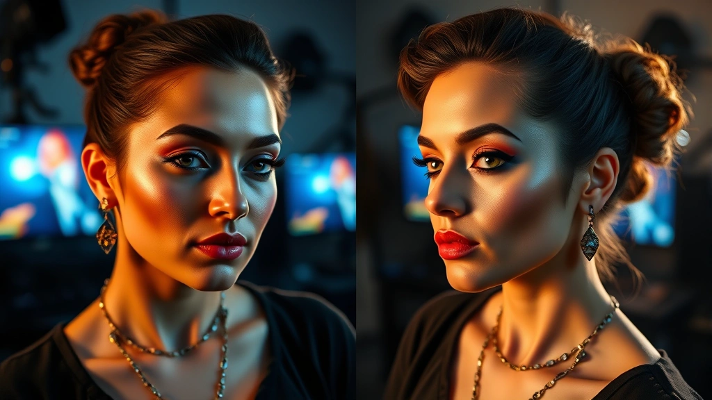 Before-and-after split-screen showing completed heavy theatrical makeup application with bold contouring and highlighting, gaming setup in background, professional studio lighting