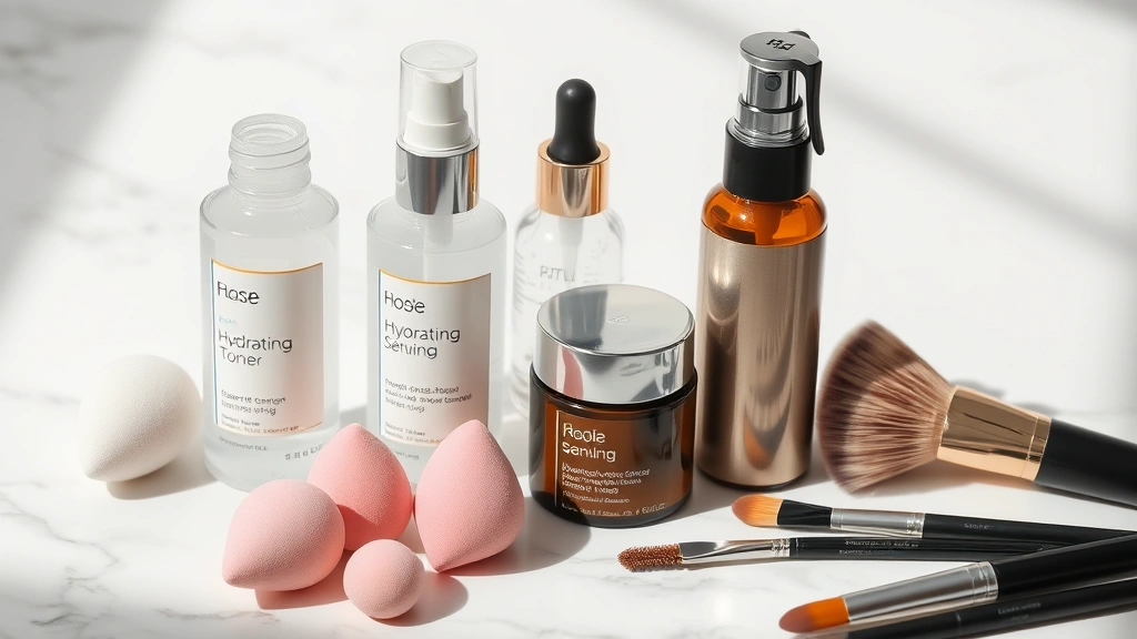 Skincare routine products arranged artfully including hydrating toner, serum, moisturizer, and setting spray, with beauty sponges and brushes, soft natural lighting on marble surface