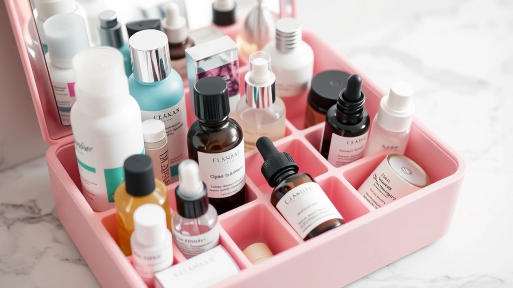Close-up of neatly organized skincare bottles and serums inside a pink cosmetic organizer, soft natural lighting, white marble vanity background, focus on product arrangement and compartments