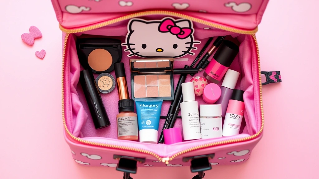 Open Hello Kitty themed cosmetic bag displaying organized makeup and skincare products with visible interior compartments, flatlay style on pastel background, professional beauty photography lighting