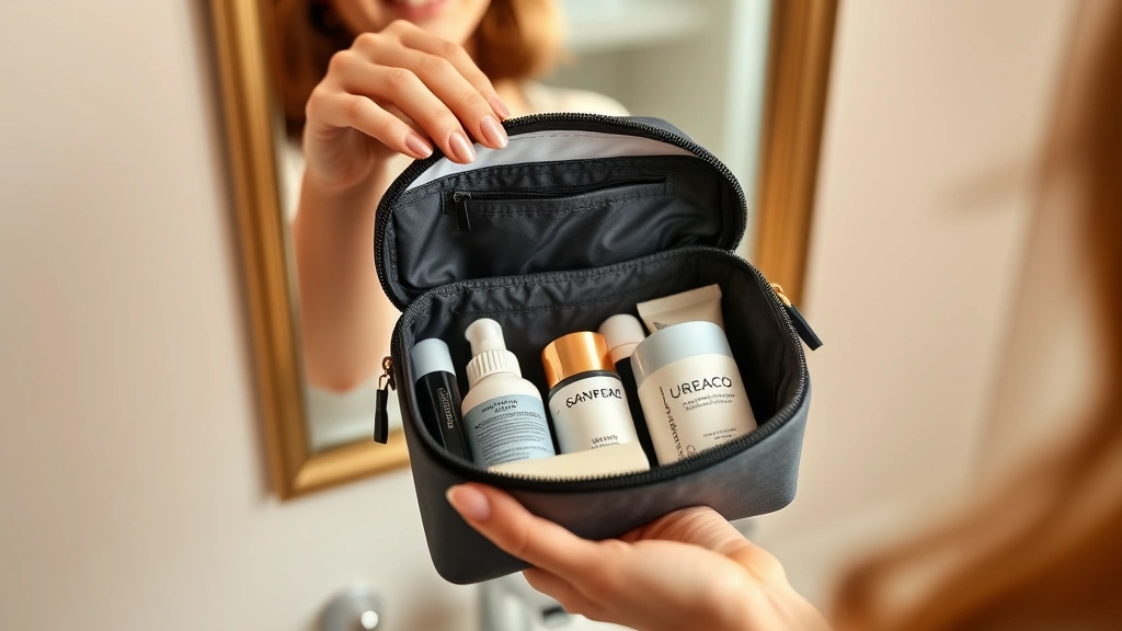 Woman's hands holding a compact cosmetic bag with organized skincare essentials, bathroom mirror reflection visible, warm natural lighting, demonstrating portability and travel-ready organization