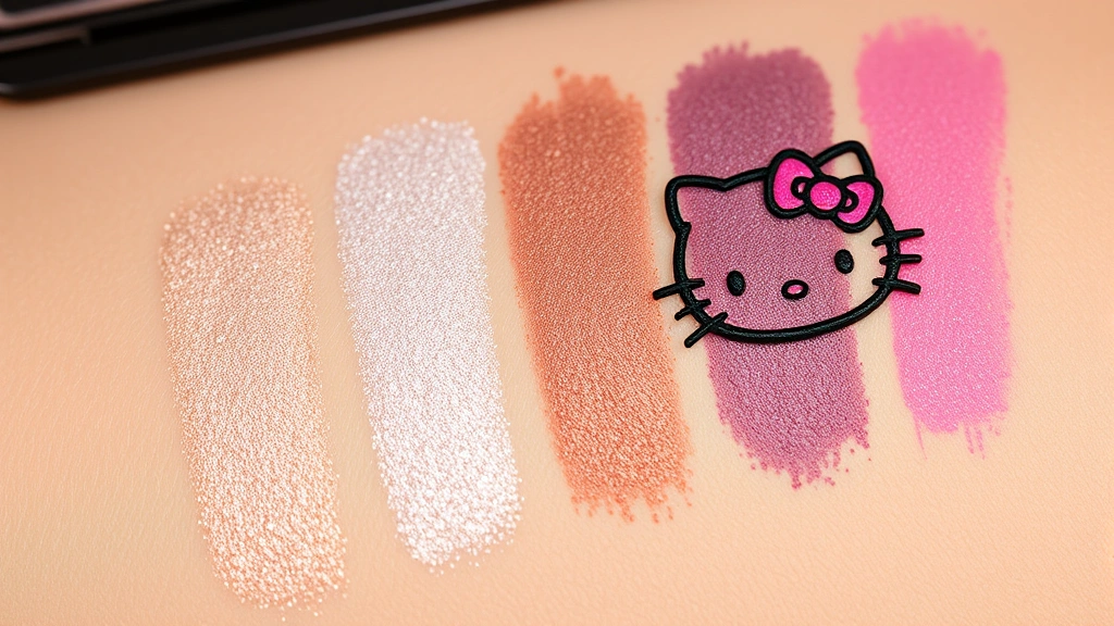 Photorealistic close-up of Hello Kitty brand eyeshadow palette swatches displayed on light skin tone, showing multiple shimmer and matte finishes with rich pigmentation, professional lighting highlighting texture and color payoff, beauty photography style