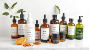 Luxury Korean beauty skincare bottles and jars arranged on marble surface with minimalist white background, fermented botanical ingredients visible, professional product photography