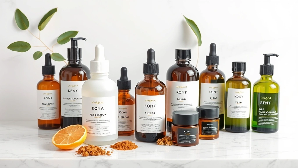 Luxury Korean beauty skincare bottles and jars arranged on marble surface with minimalist white background, fermented botanical ingredients visible, professional product photography