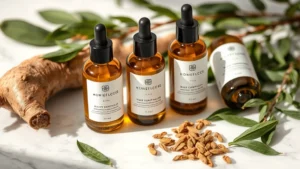 Luxury glass skincare bottles with minimalist labeling arranged on white marble surface with fresh ginseng root and green tea leaves, professional beauty product photography, soft natural lighting, shallow depth of field