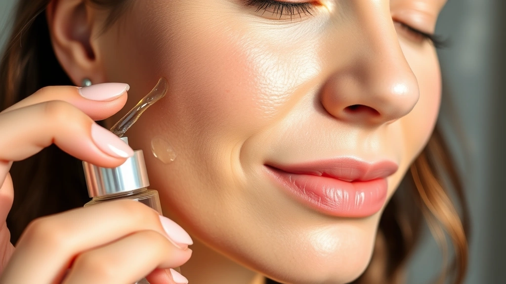 Woman applying lightweight essence serum to glowing hydrated skin, close-up of skin texture showing radiance and improved complexion, natural lighting
