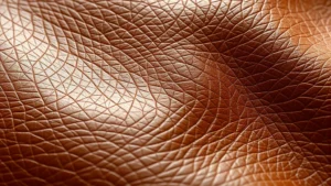 Close-up of luxurious cognac-colored leather texture with visible grain patterns and patina, professional beauty product arrangement nearby, natural soft lighting highlighting leather quality