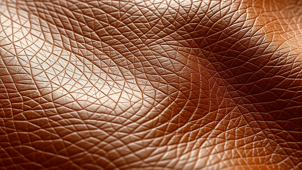 Close-up of luxurious cognac-colored leather texture with visible grain patterns and patina, professional beauty product arrangement nearby, natural soft lighting highlighting leather quality