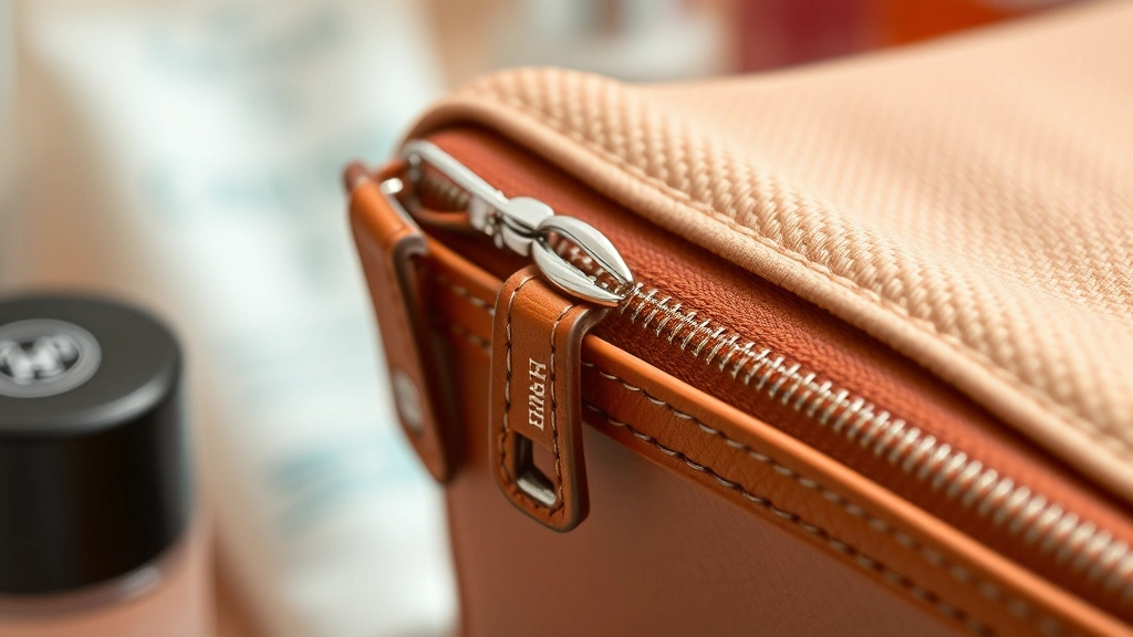 Close-up detail shot of Hermès cosmetic bag craftsmanship: hand-stitched seams with precision thread work, palladium-plated hardware and smooth zip closure mechanism, soft-focus beauty products in background, professional product photography style