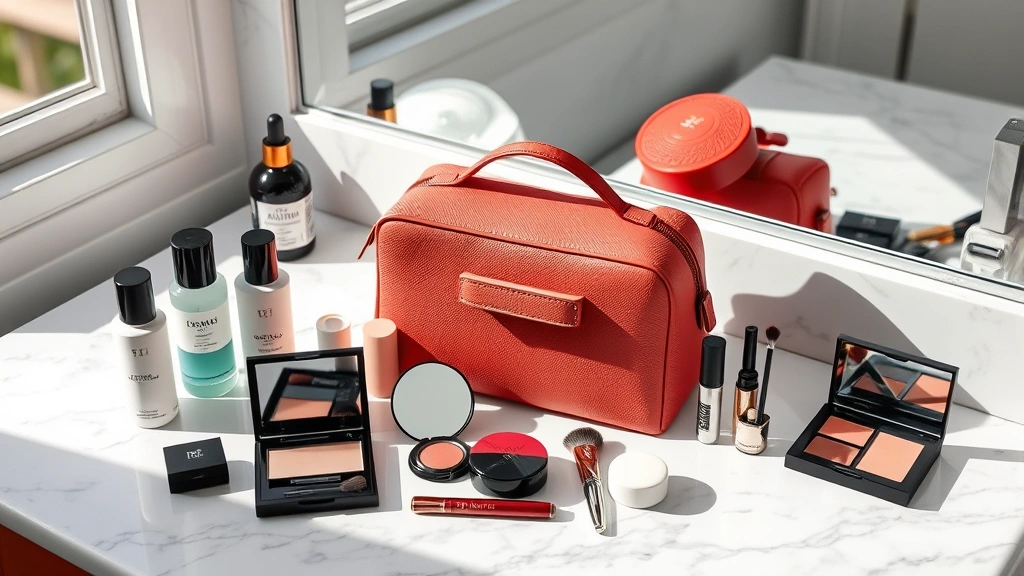 Hermès cosmetic bag styled on marble vanity surface with luxury skincare bottles, makeup compacts, and beauty tools arranged artfully, natural window lighting creating shadows, showing practical organization and aesthetic appeal together