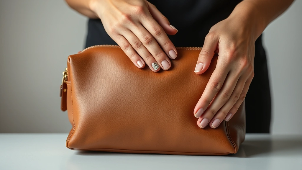 Hands gently touching supple leather of a luxury cosmetic bag, showing hand-stitching detail and hardware craftsmanship, minimalist background, professional beauty photography aesthetic