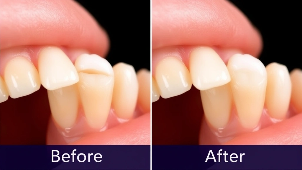 Before and after comparison showing cosmetic crown placement on a canine tooth, highlighting shade matching and natural appearance with professional studio lighting