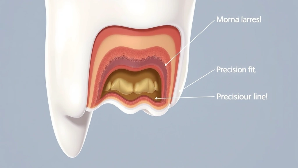 Detailed cross-section view of a tooth with a porcelain crown showing material layers and precision fit at the gum line, educational dental illustration style