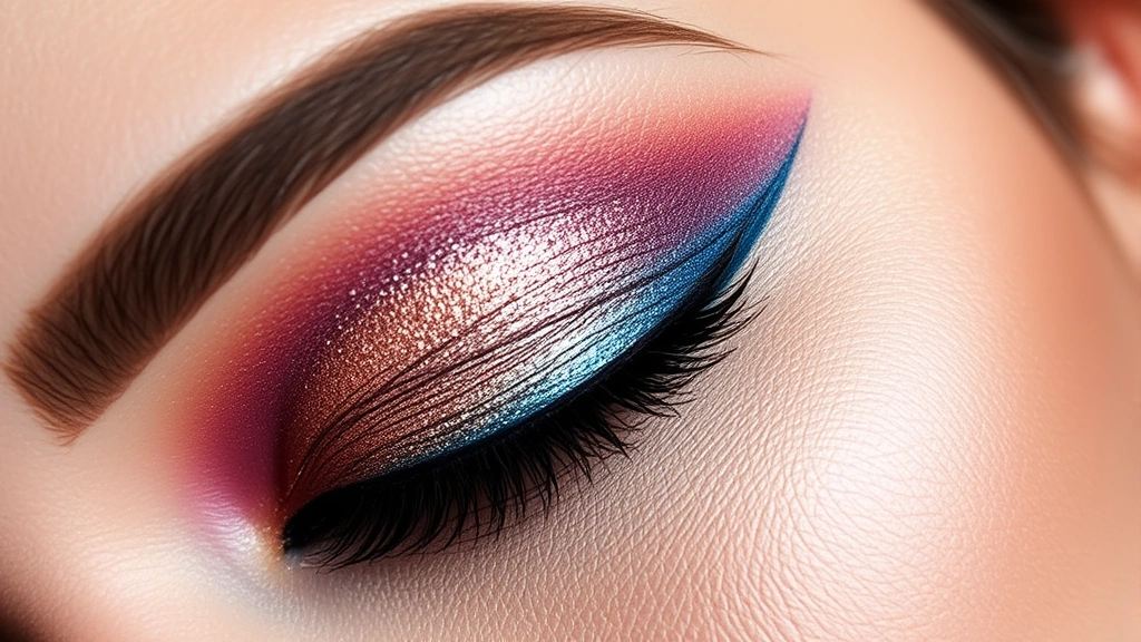 Close-up of expertly blended eyeshadow in jewel tones and metallics on a fair complexion, showing multiple shimmer and matte colors seamlessly transitioning from lid to crease