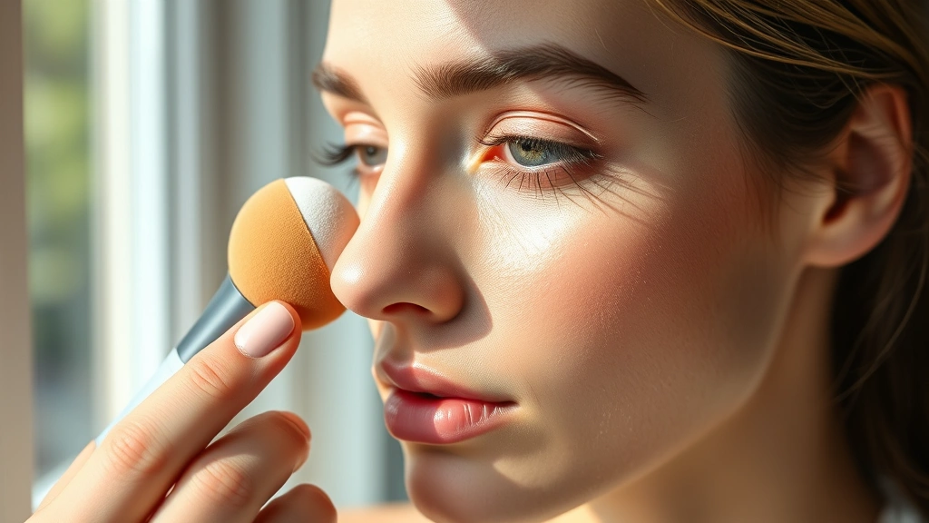 Beauty sponge applying dewy liquid foundation to a person's face in natural window lighting, demonstrating proper foundation blending technique with visible skin texture