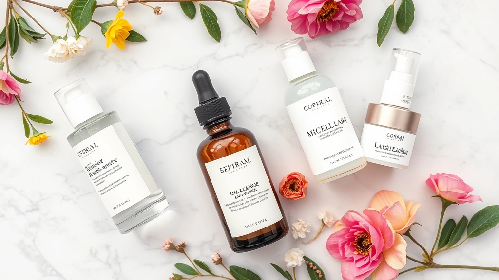 Overhead flat lay of makeup removal products including oil cleanser, micellar water, and hydrating moisturizer arranged artfully on marble surface with fresh botanicals