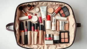 flat lay of an open large cosmetic bag showing organized compartments with makeup brushes, lipsticks, serums, creams, and palettes neatly arranged in separate sections, professional product photography style