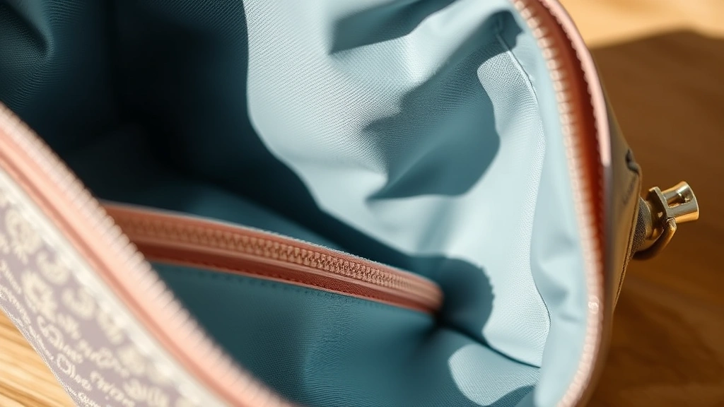 close-up detail shot of cosmetic bag's waterproof interior lining and dual zipper mechanism with high-quality materials, showing texture and construction quality in natural lighting