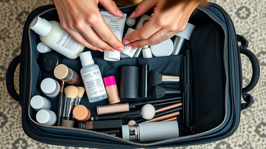 overhead view of woman packing large cosmetic bag for travel with skincare bottles, makeup products, brushes, and accessories visible in multiple zippered compartments and pockets