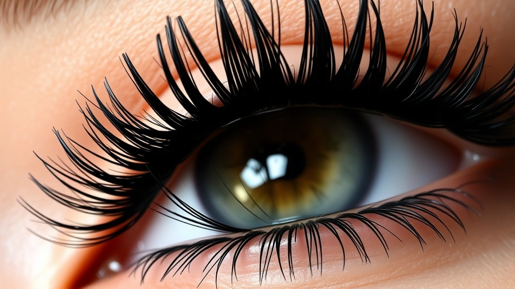 Close-up of volumized mascara application on natural lashes, showing dramatic thickness and separation, professional lighting highlighting the glossy black formula coating each lash individually