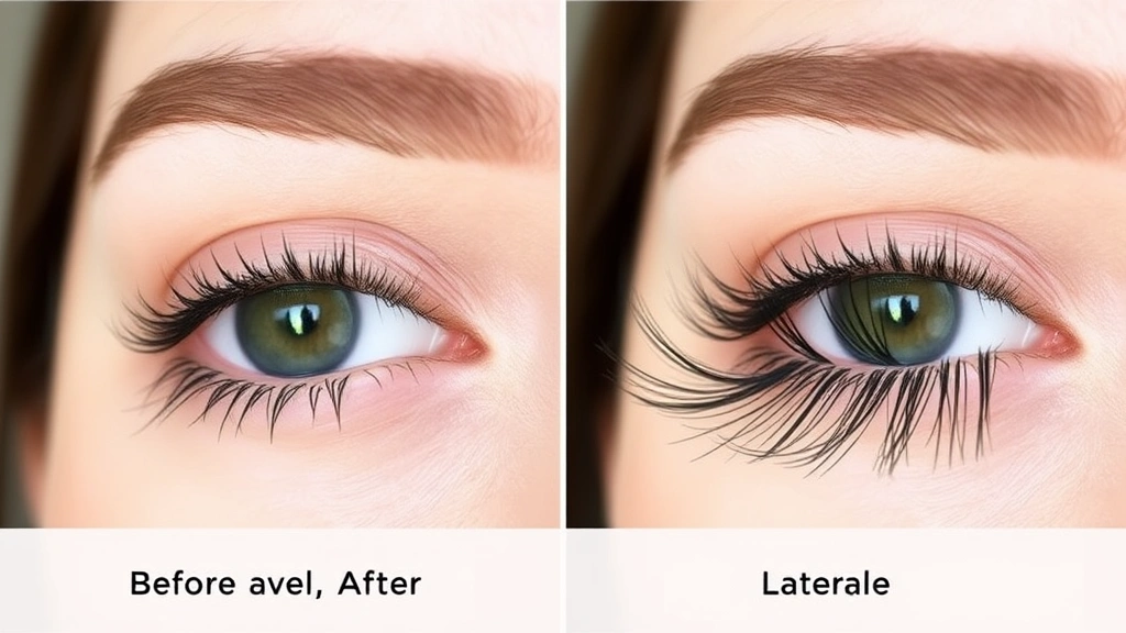 Before-and-after comparison showing bare natural lashes transforming to thick, voluminous lashes with multiple mascara coats, soft natural lighting emphasizing the volumizing effect and lash definition